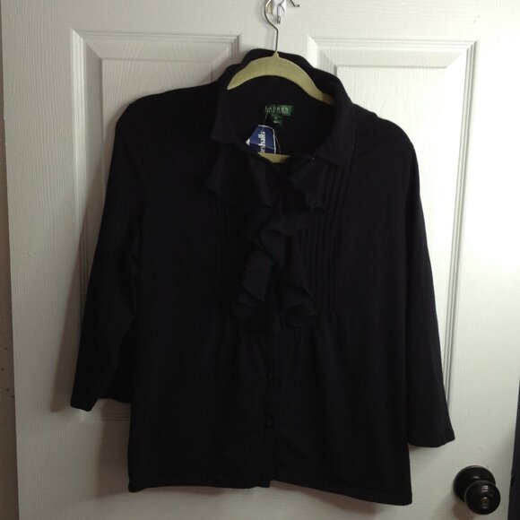 NWT Lauren, Ralph Lauren "XL" "Flash 2" Black Ruffled Peasant Blouse, Boho chic - Picture 1 of 6